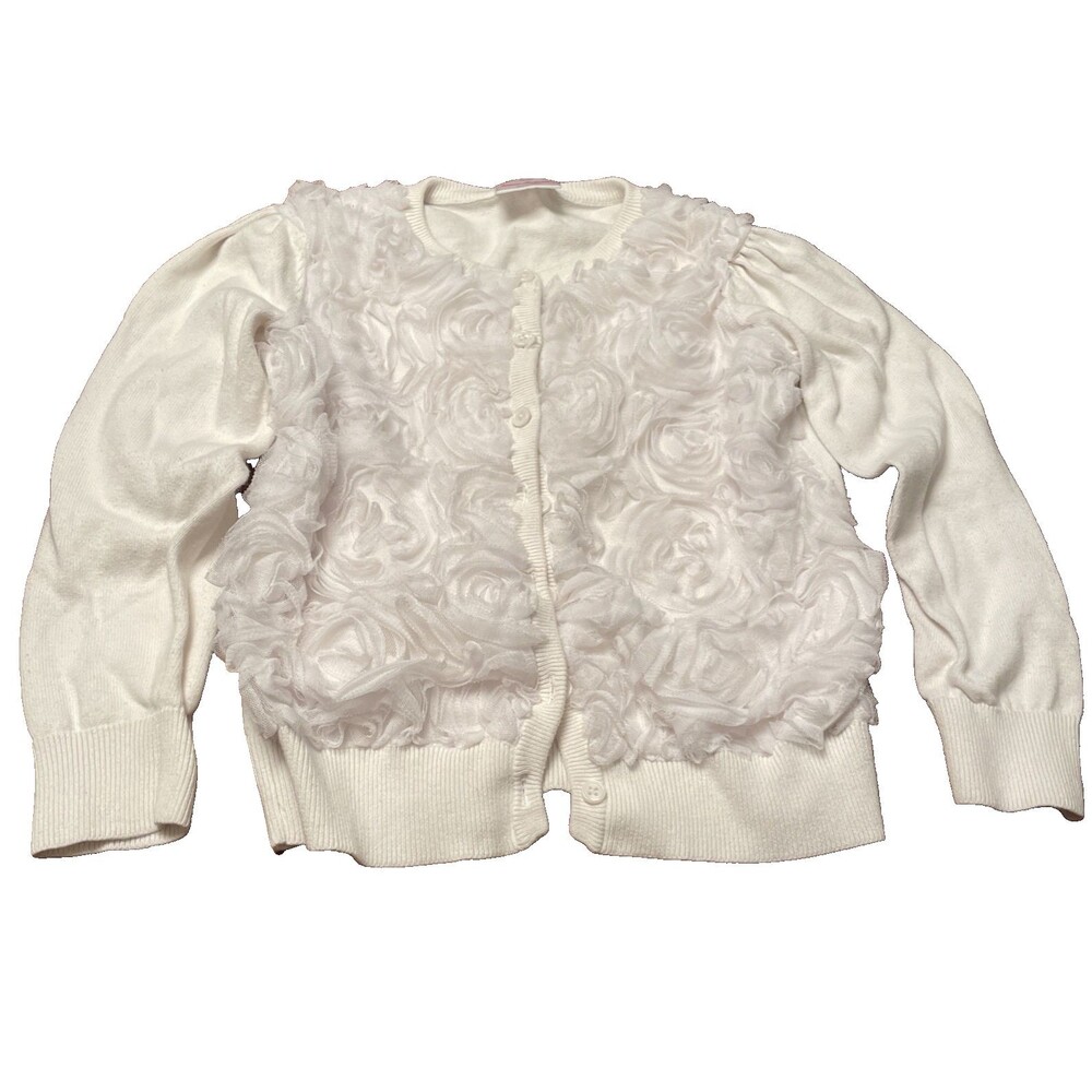 Hanna Andersson White Long Sleeve Cotton Cardigan Sweater Sz 130 = US 8 Rosettte